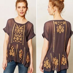 Anthropologie Gray Peplum Blouse with Gold Embroidery